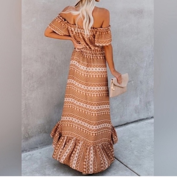VICI Bohemian Off-Shoulder Maxi Dress - Brown Tan High Low Ruffle Boho Festival - Picture 3 of 13